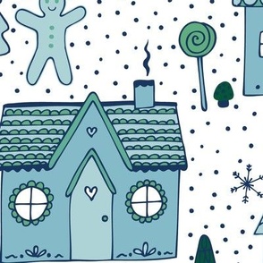 gingerbread houses in the snow - mint and ice blue on white - Large scale by Cecca Designs