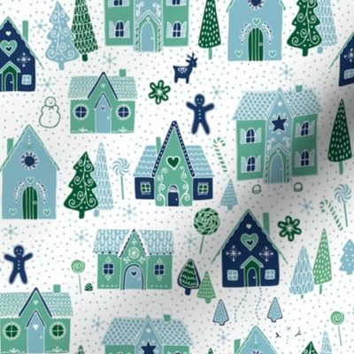 gingerbread houses in the snow - mint and ice blue and navy on white - small scale by Cecca Designs