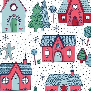 gingerbread houses in the snow - mint, pink and red on white - Medium scale by Cecca Designs