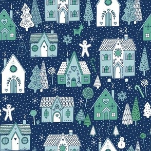 gingerbread houses in the snow, mint and ice blue on navy - small scale by Cecca Designs