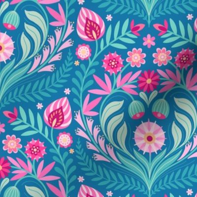 Folk Floral Bouquet large 12 wallpaper scale blue pink turquoise by Pippa Shaw