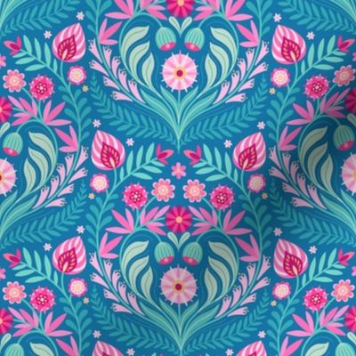 Folk Floral Bouquet medium scale blue pink turquoise by Pippa Shaw