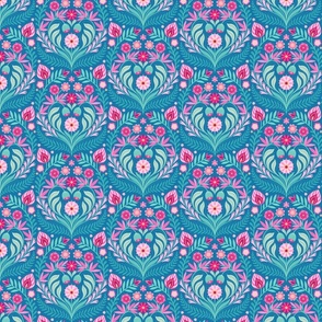 Folk Floral Bouquet medium scale blue pink turquoise by Pippa Shaw