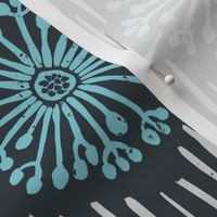 Dandelions block print in aqua blues and gray,
