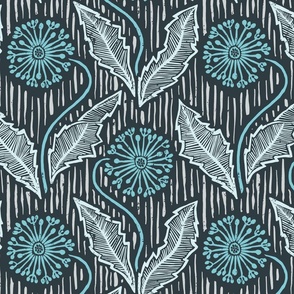 Dandelions block print in aqua blues and gray,