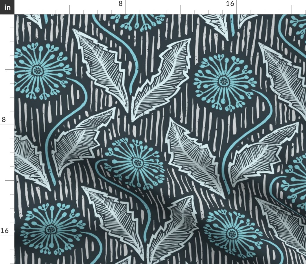 Dandelions block print in aqua blues and gray,