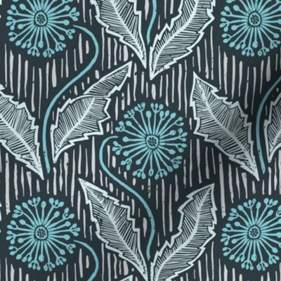 Dandelions block print in aqua blues and gray, smaller scale
