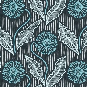 Dandelions block print in aqua blues and gray, smaller scale