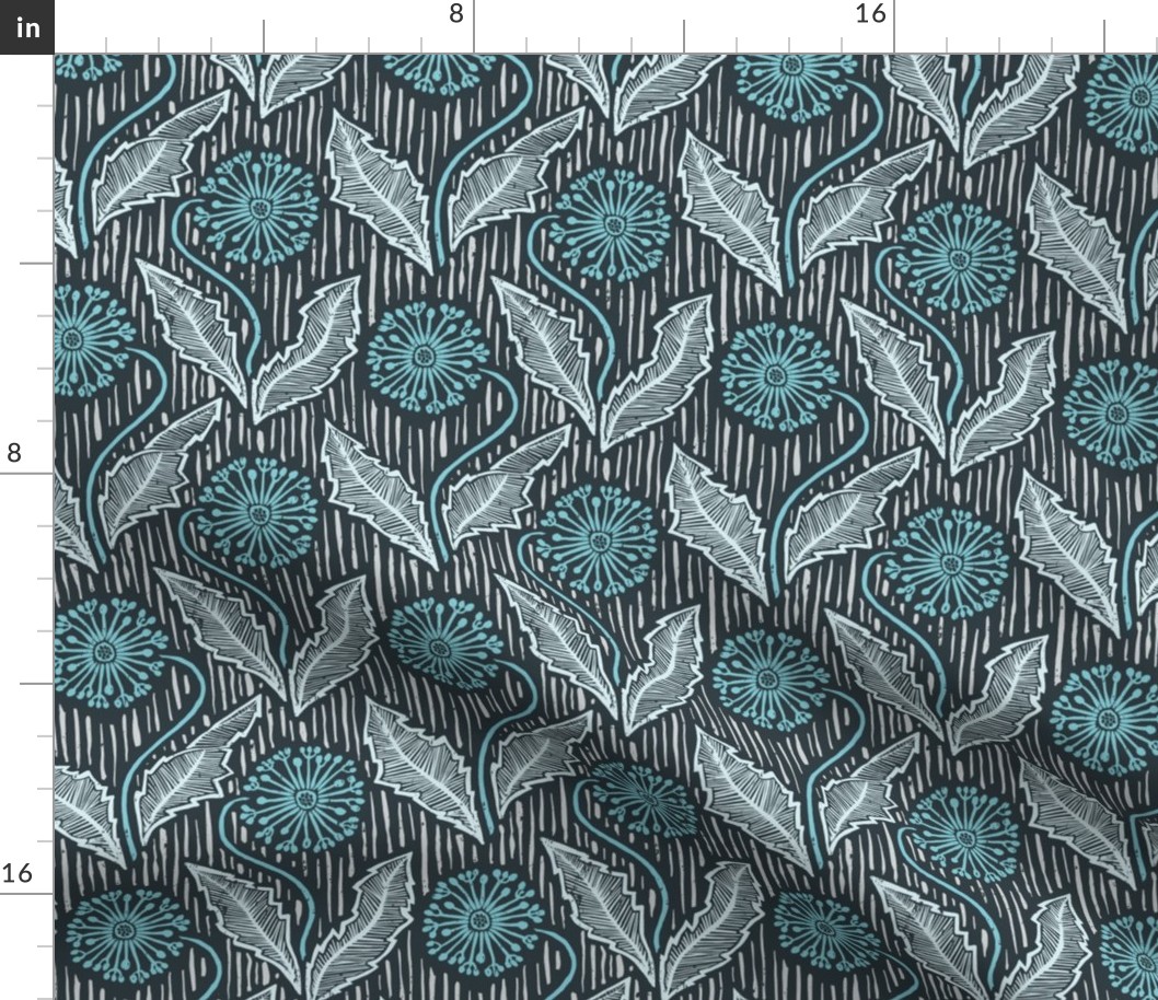 Dandelions block print in aqua blues and gray, smaller scale