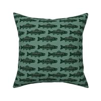 Lake life swimming trout in forest green, smaller scale