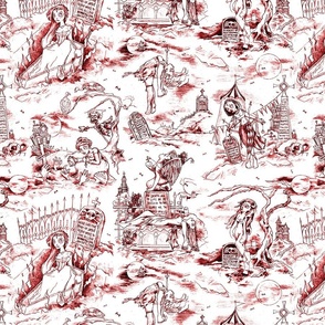 Gothic Graveyard Toile -- Blood Red Gothic Halloween Modern Toile -- 15.64in x 12.53in repeat -- 300dpi (50% of Full Scale)