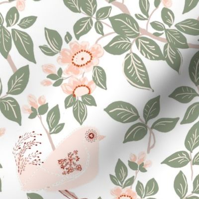 Painted Floral and Ornamental Birds  in Rose Pink with Intricate Leaves