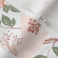 Painted Floral and Ornamental Birds  in Rose Pink with Intricate Leaves