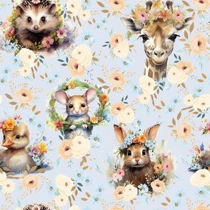 Little Sprouts & Fuzzy Snouts - Cream-Flowers on Pale Blue Wallpaper 
