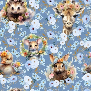 Little Sprouts & Fuzzy Snouts - Blue-Flowers on Chambray Blue Wallpaper 