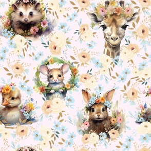 Little Sprouts & Fuzzy Snouts - Cream-Flowers on Pale Pink Wallpaper 