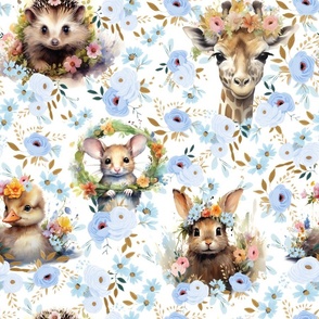 Little Sprouts & Fuzzy Snouts - Blue-Flowers on White Wallpaper 