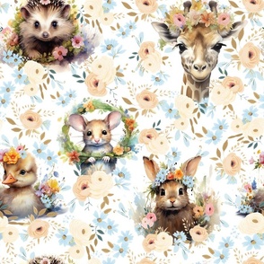 Little Sprouts & Fuzzy Snouts - Cream-Flowers on White Wallpaper 