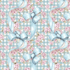 Blossoms and Bows  –French Blue -White Gingham  Wallpaper
