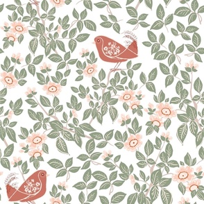 Painted Floral and Ornamental Birds  in Rose Pink and Terra Cotta with Intricate Leaves