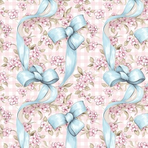 Blossoms and Bows  – Pink-White Gingham Wallpaper 