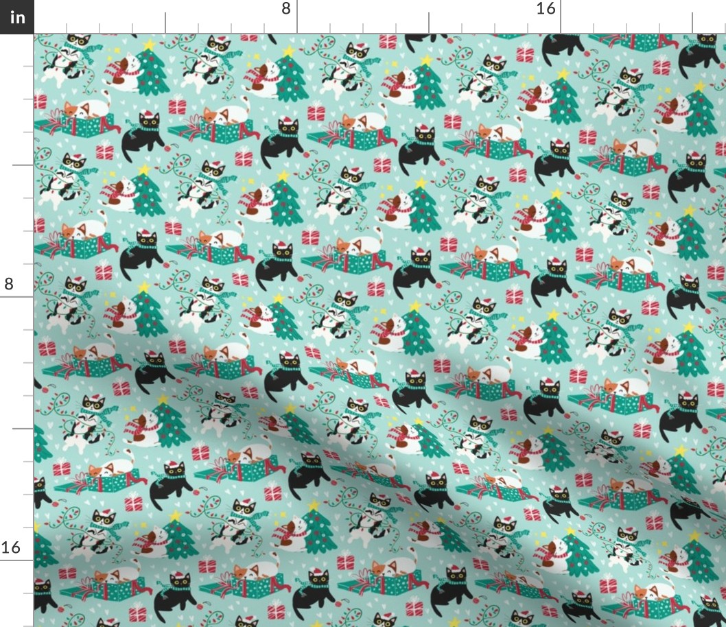 Cute Christmas cats - turquoise Christmas,xmas fabric WB22 XS scale