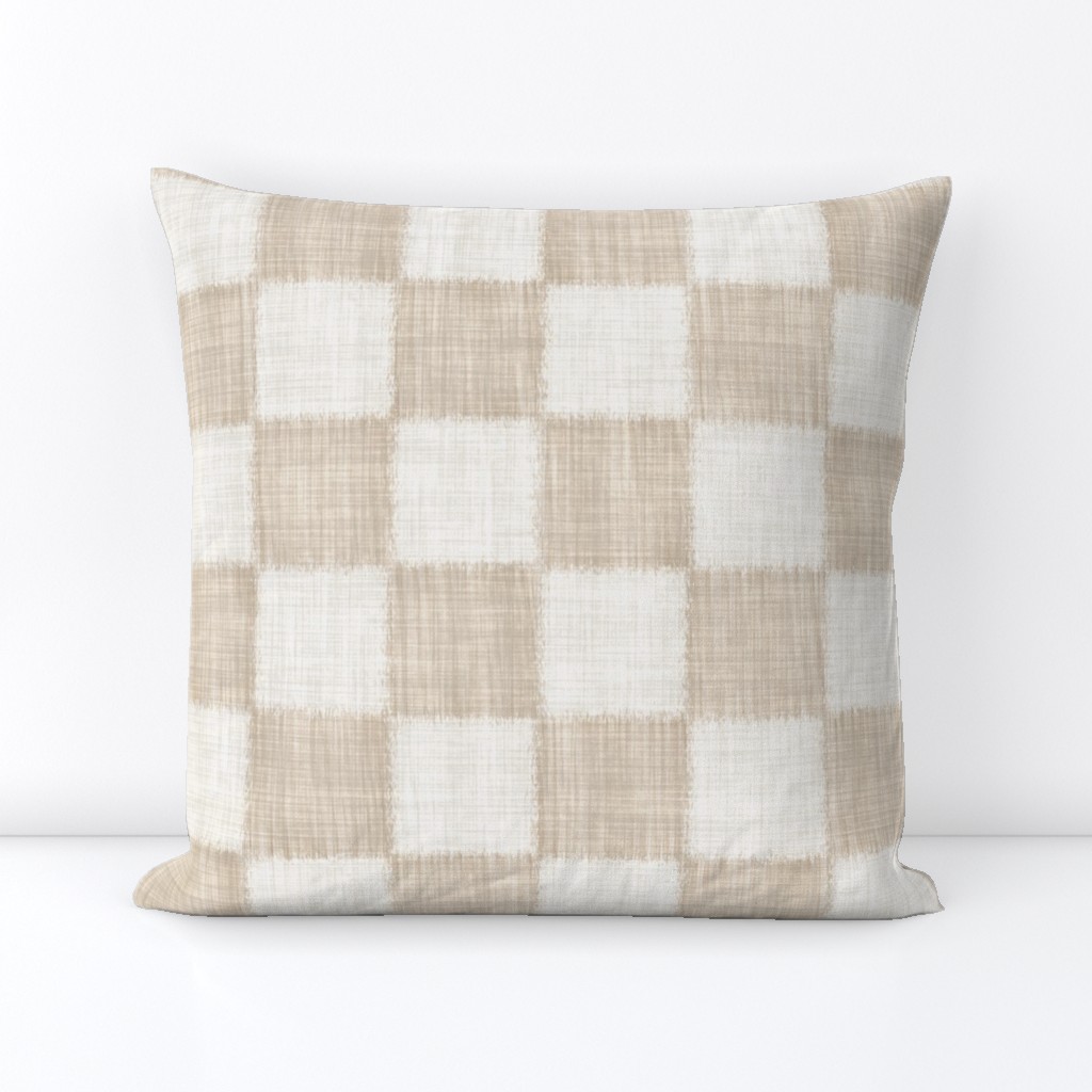 Textured Check - Large Scale - Warm Beige - Linen Ikat fabric texture Checkers Checkerboard Neutral Tan
