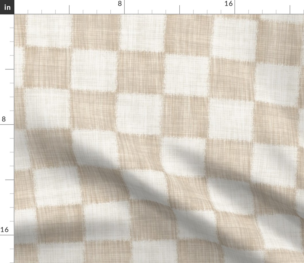 Textured Check - Large Scale - Warm Beige - Linen Ikat fabric texture Checkers Checkerboard Neutral Tan