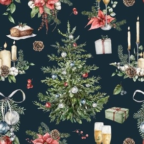 Vintage festive Christmas eve symbols on dark background