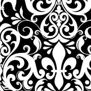 Fleur de Lis Damask Pattern French Linen Style White On Black