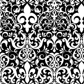 Fleur de Lis Damask Pattern French Linen Style White On Black Smaller Scale