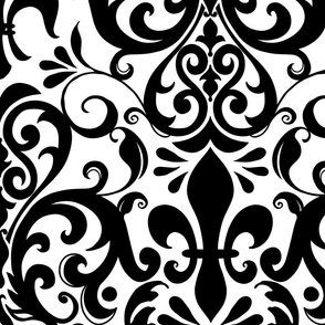 Fleur de Lis Damask Pattern French Linen Style Black On White 