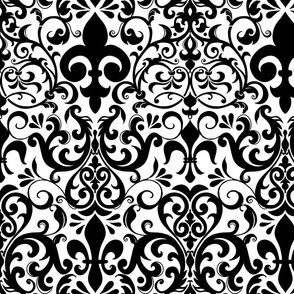 Fleur de Lis Damask Pattern French Linen Style Black On White Smaller Scale