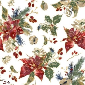 Christmas pattern with poinsettia, holly and pine cone 