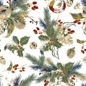 Christmas pattern with Christmas toys, fir branches, holly and pine cone