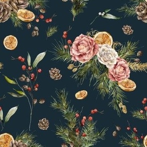 Christmas pattern with orange dry slices, white and pink roses bouquets