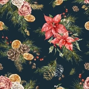 Christmas pattern with poinsettia, white and pink roses, pine cones