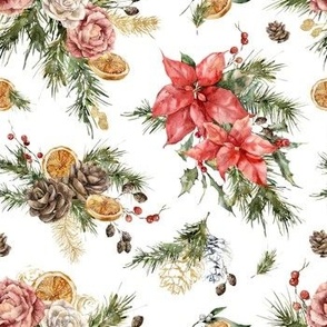 Christmas pattern with poinsettia, white and pink roses on white background