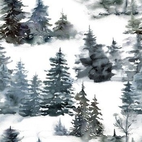 Forest tree blue pine fir trees abstract winter pattern watercolor