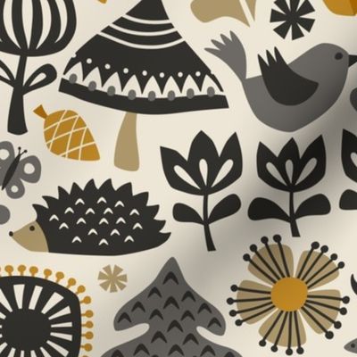 autumn forest / woodland - color v2: grey / black / mustard yellow (large scale)