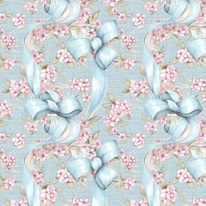 Blossoms and Bows  – Seafoam Blue-Linen Grasscloth Wallpaper