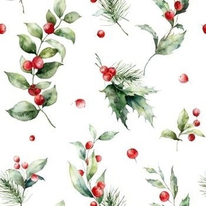 Red berries watercolor Christmas pattern with holly and cranberry, leaves and branches 