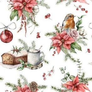 Christmas watercolor ornament with poinsettia, robin bird, hot chocolate and cake