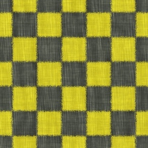 Textured Check - Large Scale - Cyber Lime Yellow and Grey - Linen Ikat fabric texture Checkers Checkerboard Skateboard Boy