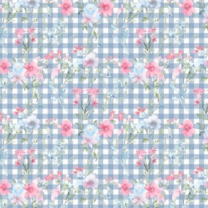 Wildflower Whispers – Chambray Blue Gingham Wallpaper 