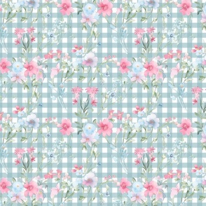 Wildflower Whispers – French Blue Gingham Wallpaper