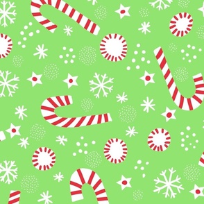 Christmas candy canes on light green wallpaper scale