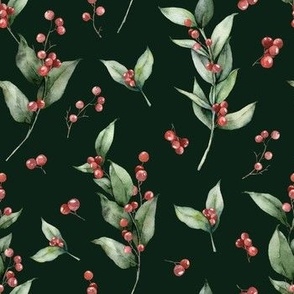 Red Berries branch on dark green background