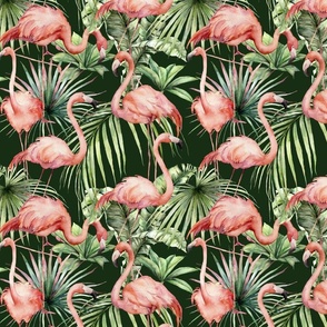 Flamingo tropical leaves on dark green pattern 