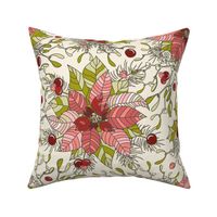 Poinsettia, Mistletoe (Viscum), Spruce - Retro Christmas Collection - Poppy Red, Pink, Olive, Charcoal on Ivory BG - SPD Collab